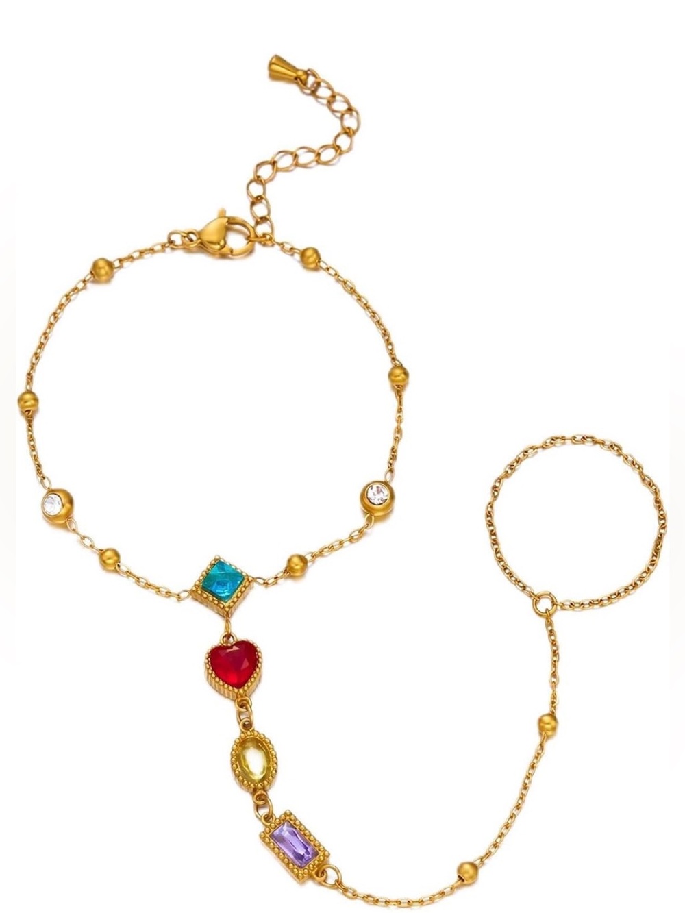 Gold Multicolor Gemstone Hand Chain Bracelet - Women Jewelry - Picture 6 of 7